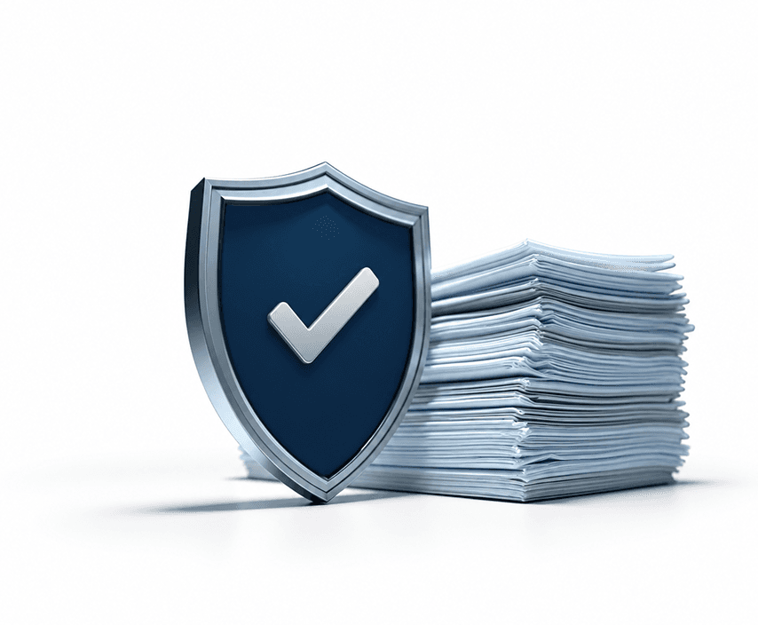 Shield with a checkmark beside a stack of documents