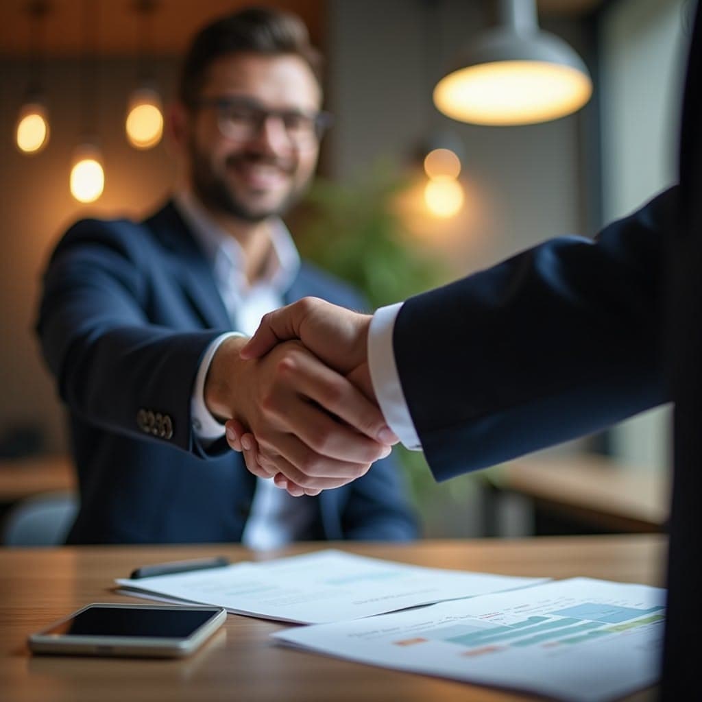 Two professionals shaking hands across a desk