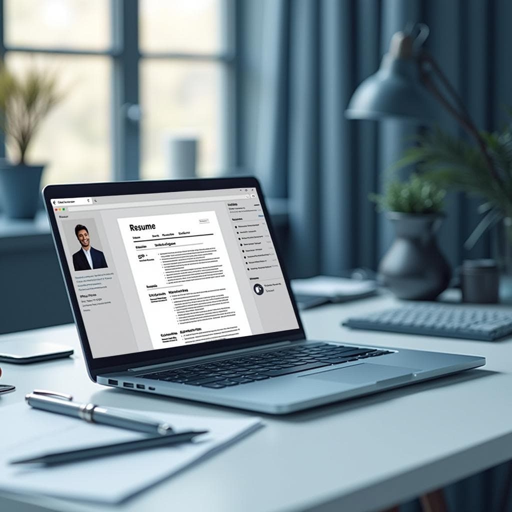 Laptop on a desk displaying a resume