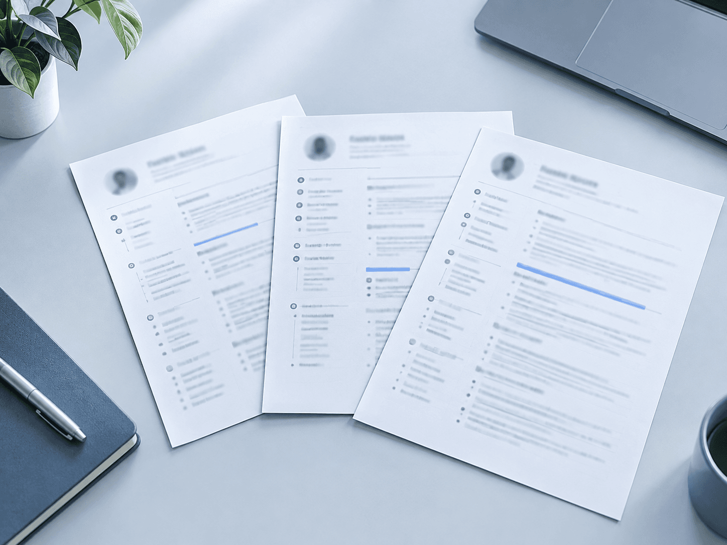 Three versions of a resume laid out on a desk