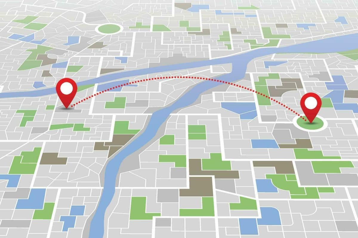City map with two location pins joined by a dotted line